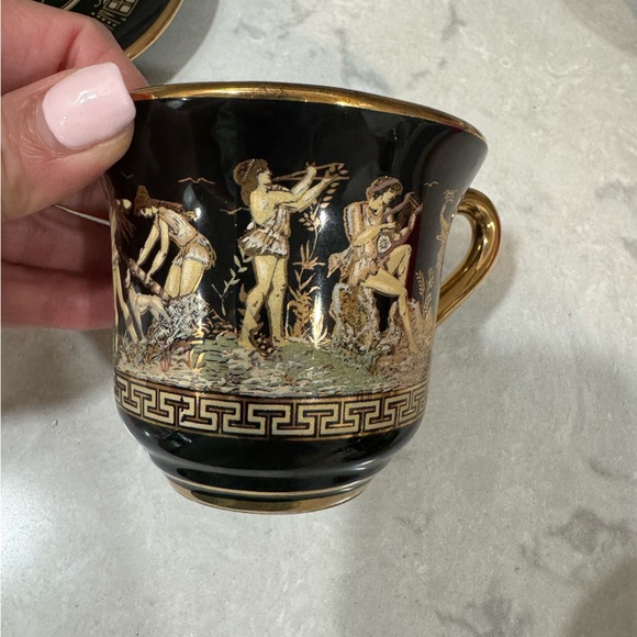 2 Black and Gold Greek Motif Cups and Saucers - Picture 3 of 9